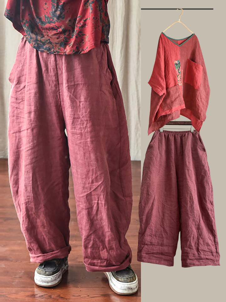 Női casual egyszínű bő szárú gumis derekú vászonnadrág – plus size