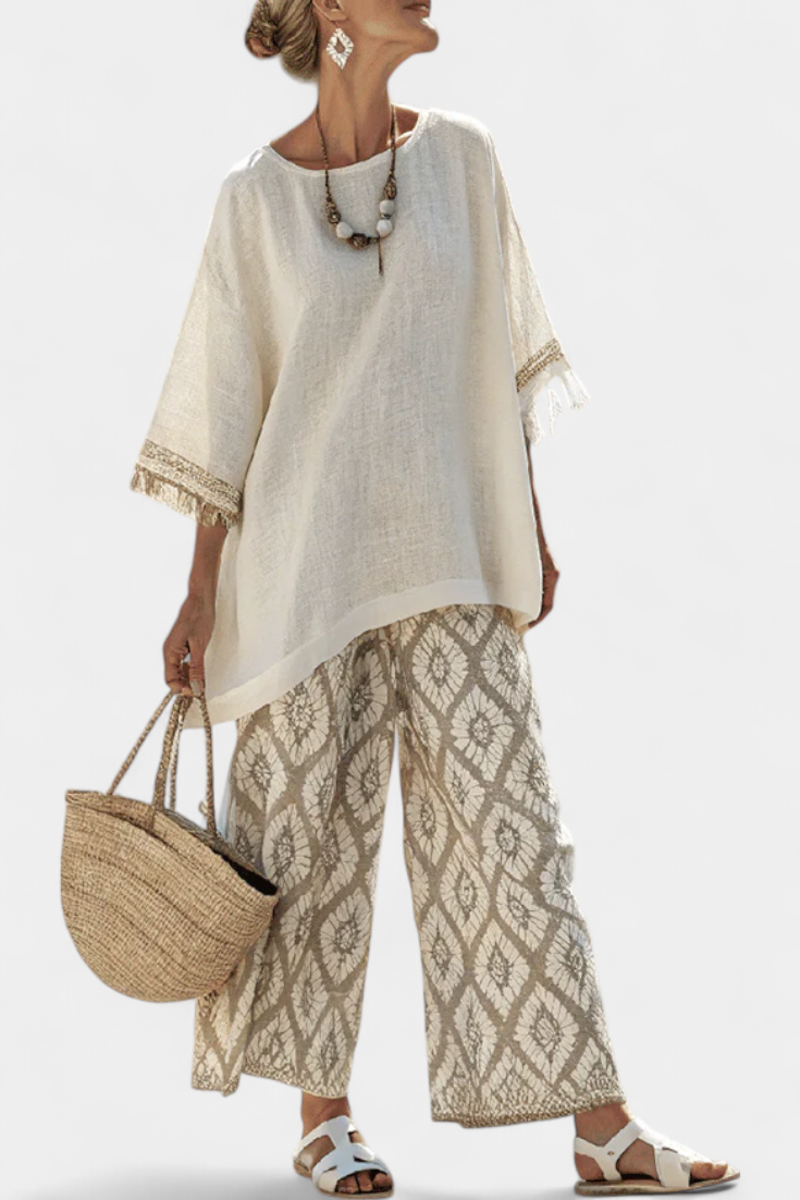 Boho chic daisy szett: hosszú blúz és nyomott nadrág egyedi stílusért