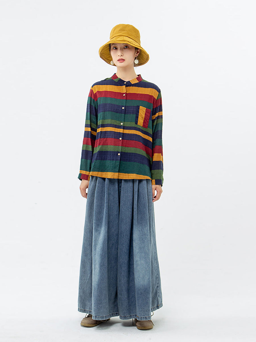 Vintage csíkos pamut ing hosszú ujjal – plus size