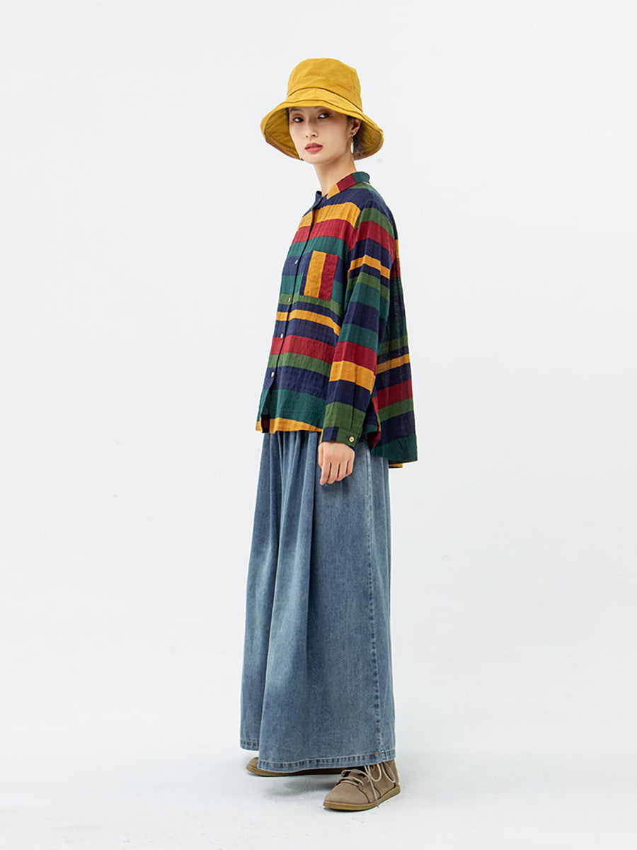 Vintage csíkos pamut ing hosszú ujjal – plus size