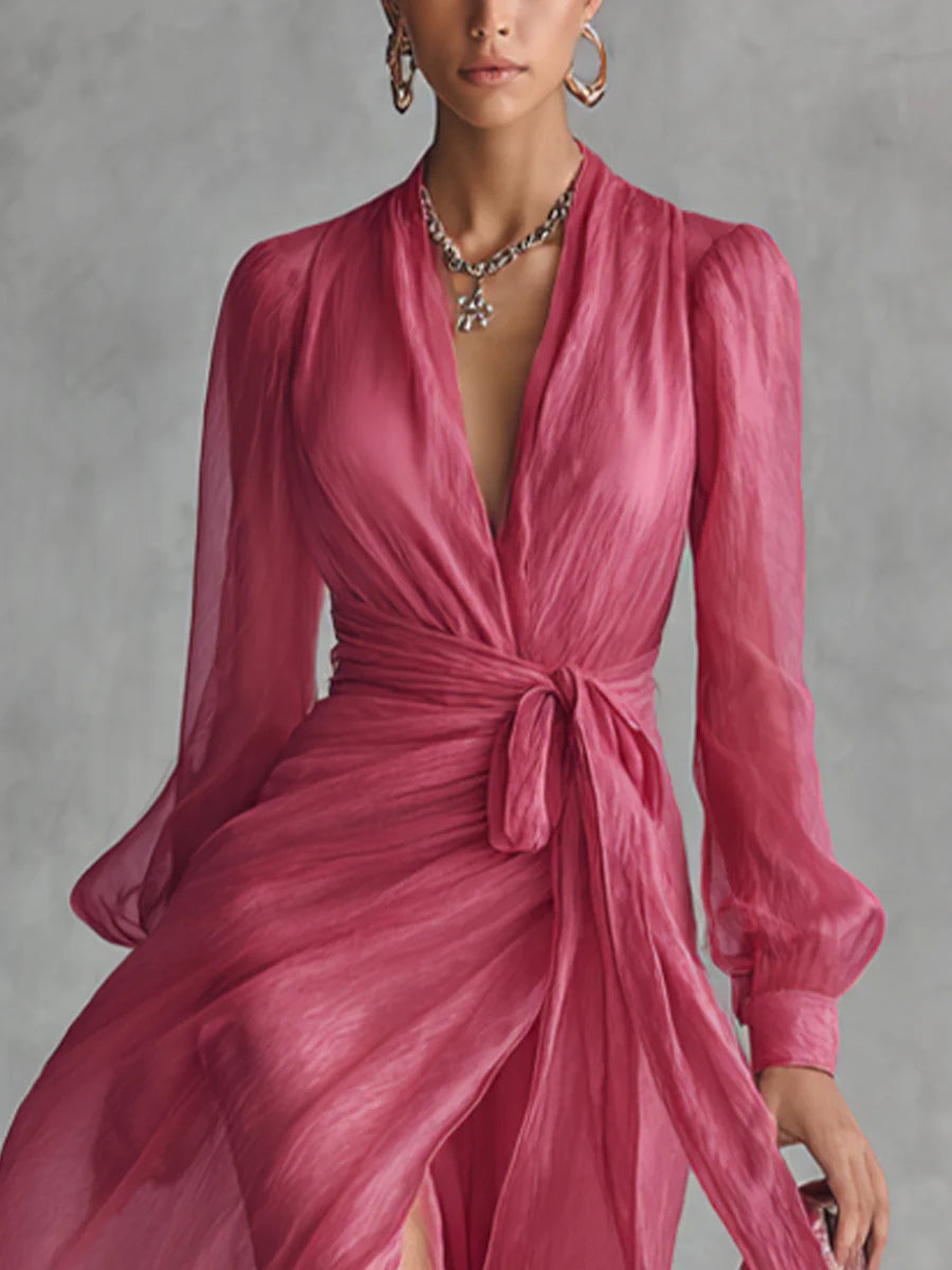 Hosszú sifon ruha V-nyakkal