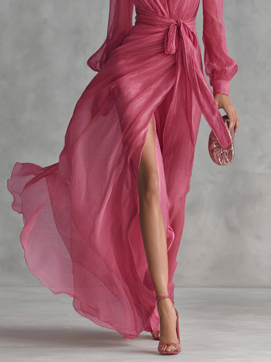 Hosszú sifon ruha V-nyakkal