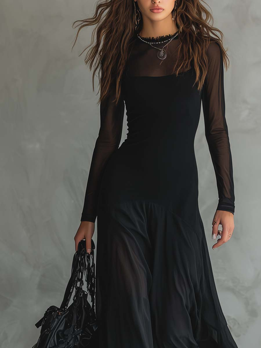 Fekete tüll maxi loose-fit ruha