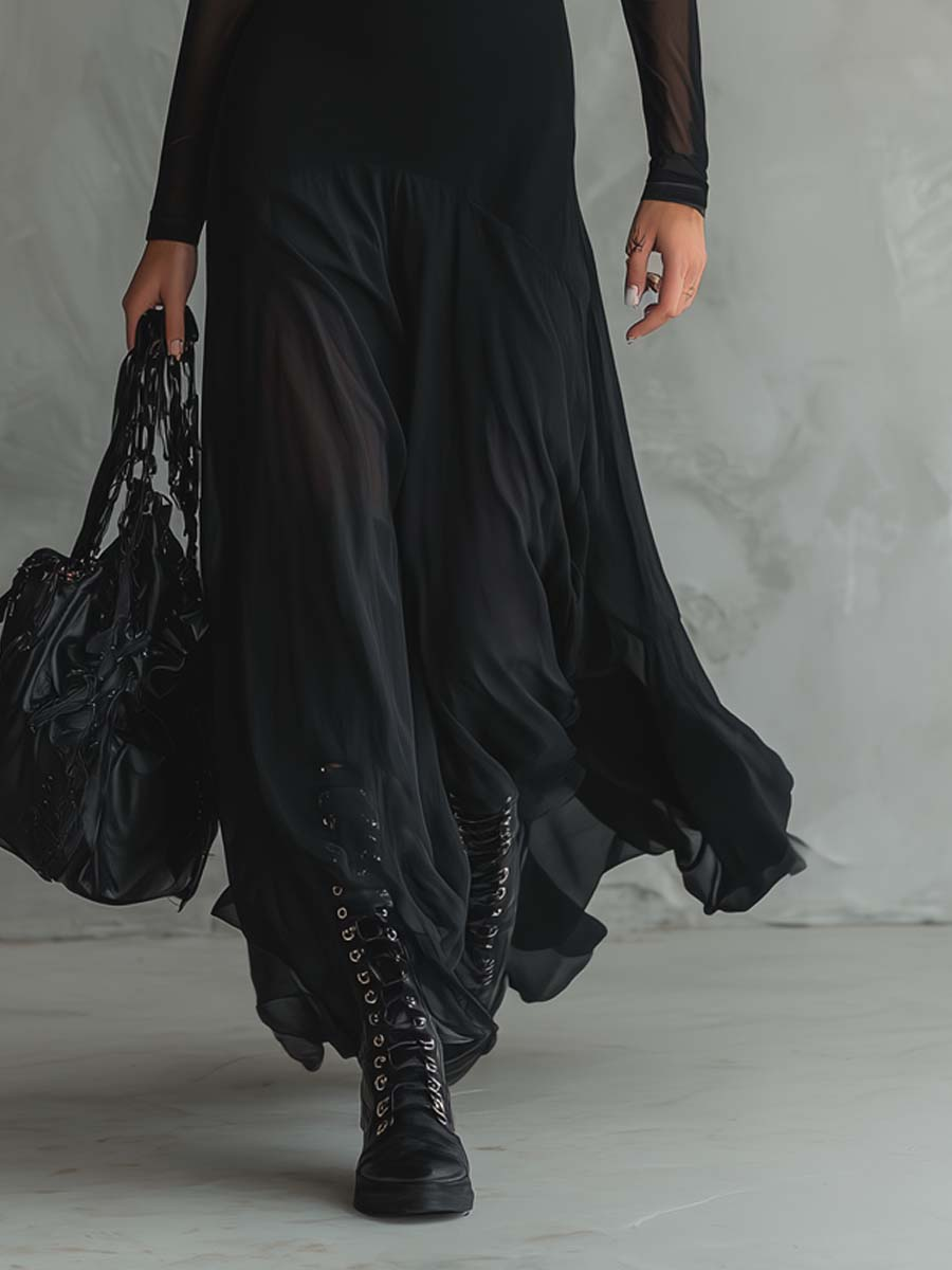 Fekete tüll maxi loose-fit ruha