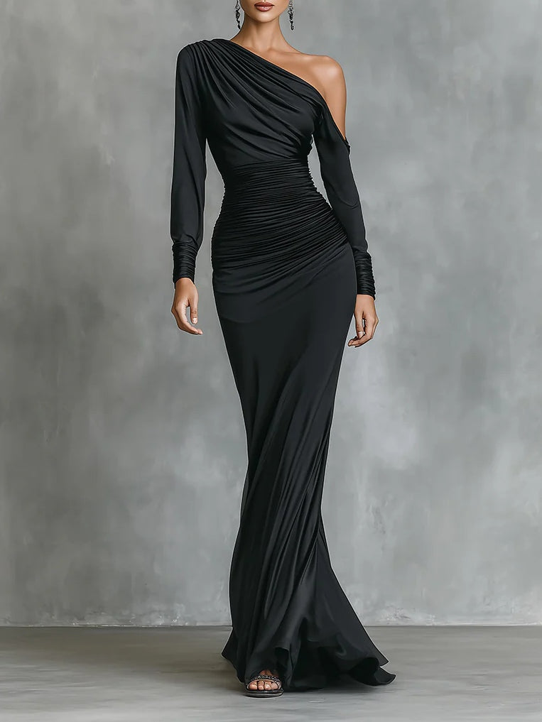 Selyem one-shoulder maxi ruha fekete színben