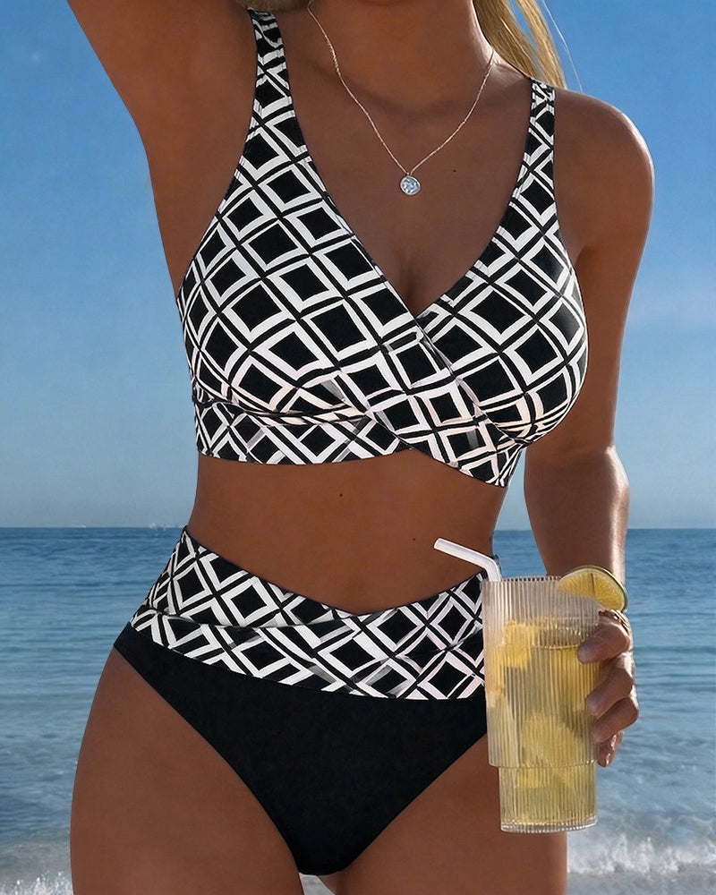Kockás magas derekú bikini
