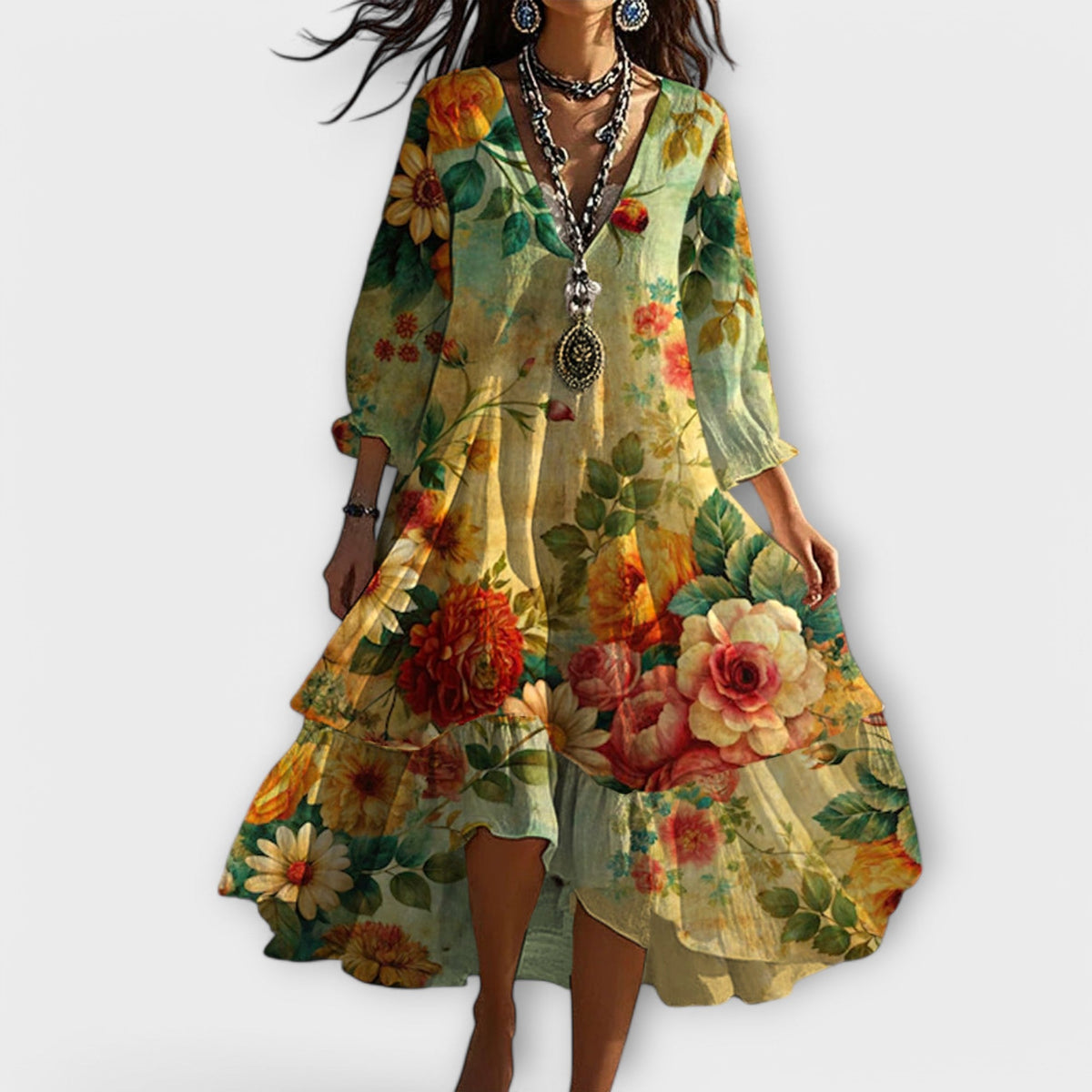 Vintage boho virágmintás V-nyakú ruha